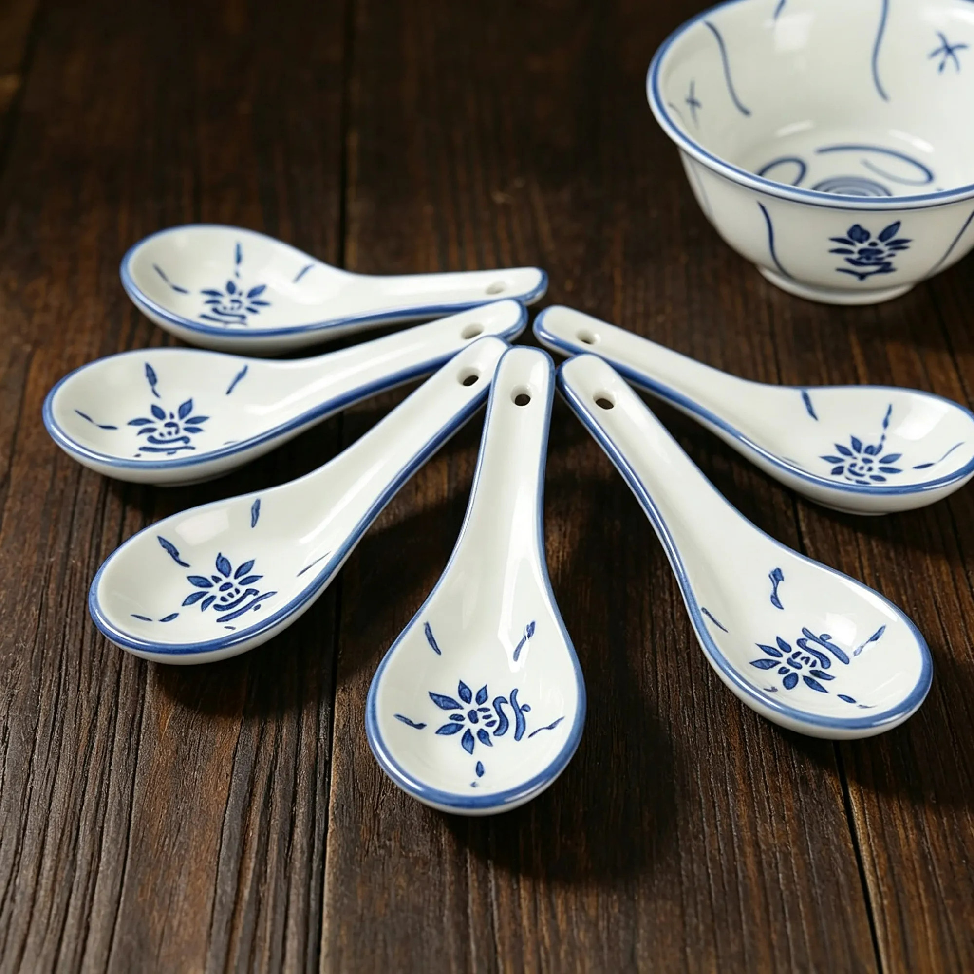 经典中式陶瓷青花蓝白花纹饭勺