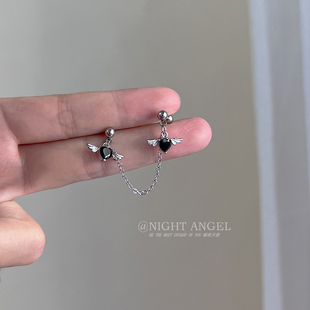 钛钢翅膀小天使爱心耳骨钉双耳钉链条螺纹球耳堵穿刺耳环小众潮