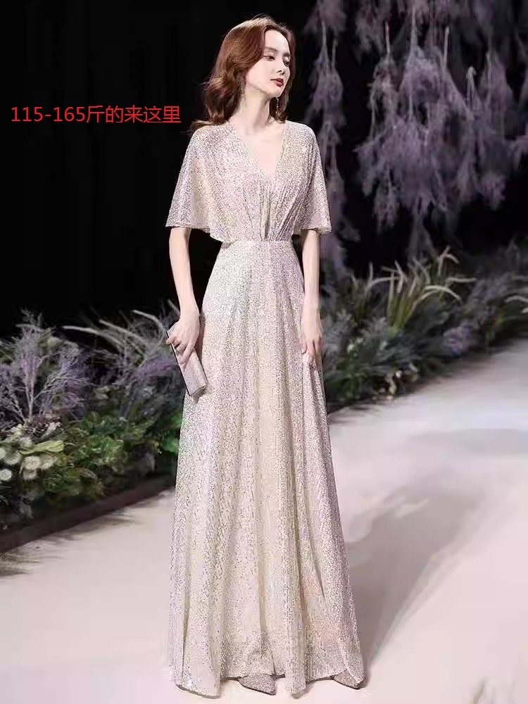大码晚礼服女胖mm 宴会气质高贵胖妹妹显瘦香槟色亮片长礼服165斤