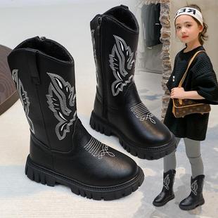 女童靴子洋气古风马丁靴2024秋冬季新款加绒儿童皮靴国风时尚马靴