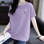 夏季 潮流 宽松显瘦百搭印花遮肉T恤女妈妈装 大码 女士100%纯棉薄款
