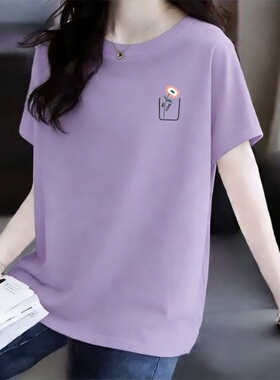 夏季大码女士100%纯棉薄款宽松显瘦百搭印花遮肉T恤女妈妈装潮流