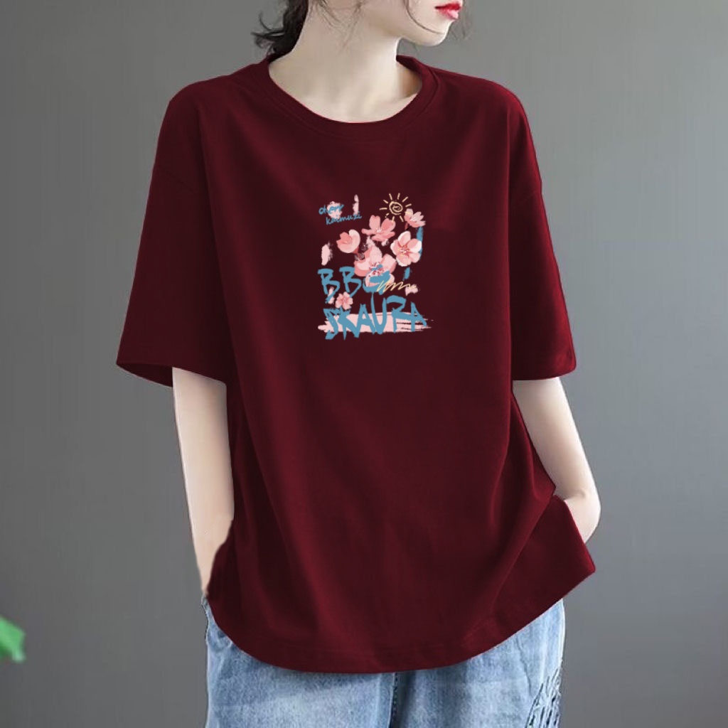 大码女装短袖女遮肉显瘦减龄印花休闲t恤宽松圆领半袖纯棉上衣