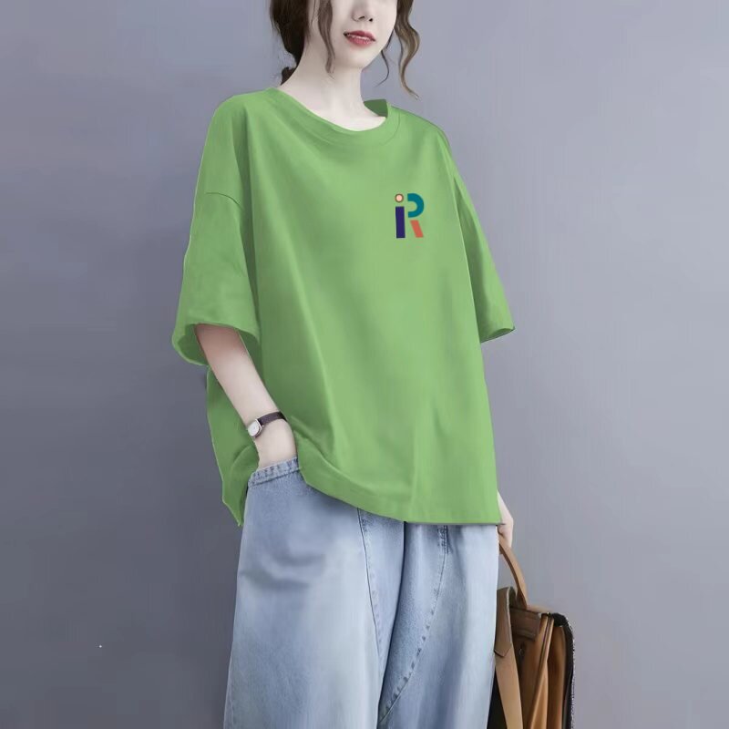 100%棉短袖T恤女夏百搭韩版大码宽松休闲简约学生ins半袖印花上衣