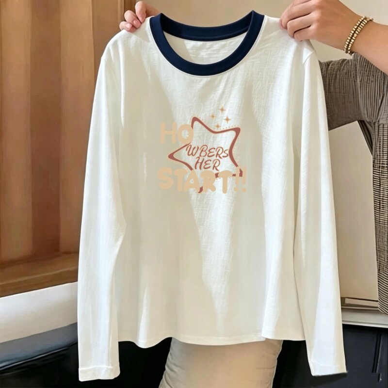 竹节棉长袖体恤女春秋装新款大码女装宽松圆领透气遮肉上衣