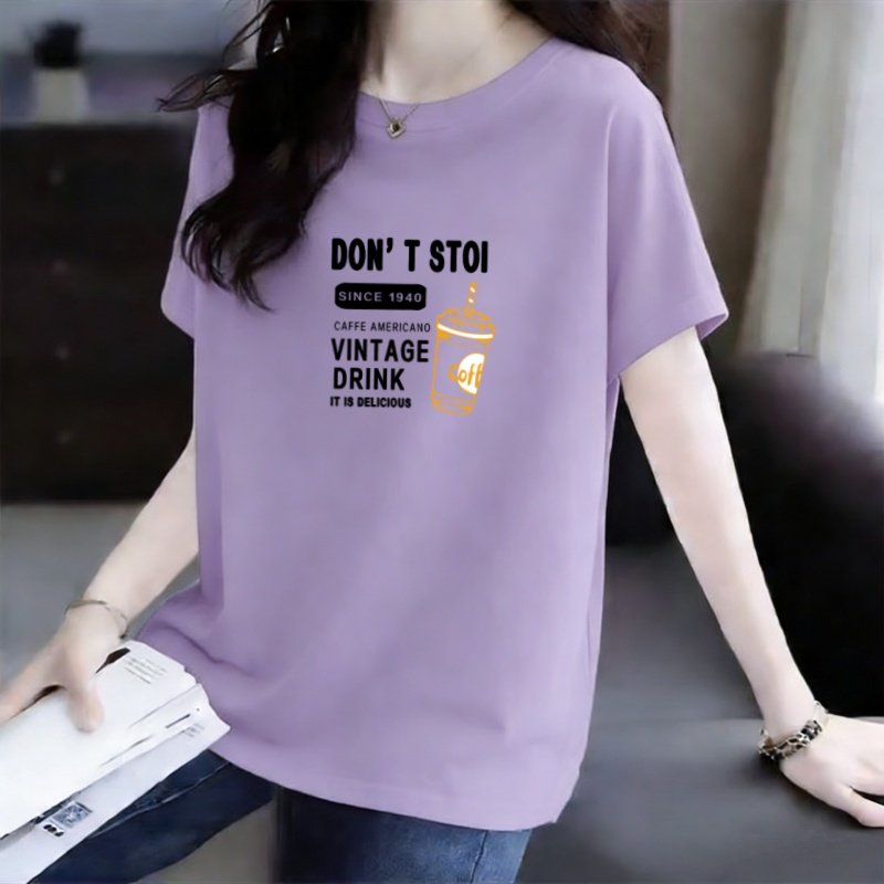 圆领宽松短袖100%纯棉T恤女2026夏季新款洋气显瘦大码印花上衣潮