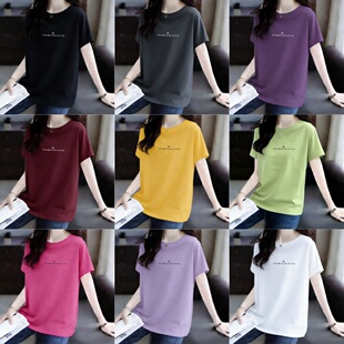 大码 纯棉短袖 T恤半袖 女衫 新款 遮肚百搭宽松上衣体恤潮流女装 夏季