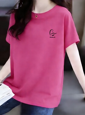 夏季大码女士100%纯棉薄款宽松显瘦百搭印花遮肉T恤女妈妈装潮流
