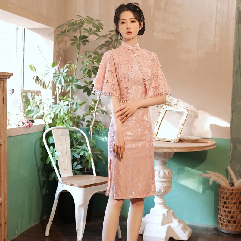 2024年春夏新款时尚优雅修身披肩款两件套中长款复合蕾丝改良旗袍