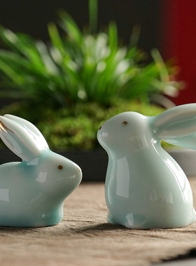 陶瓷可爱玉兔茶宠摆件功夫茶具茶宠摆件茶道工艺礼品家居桌面装饰