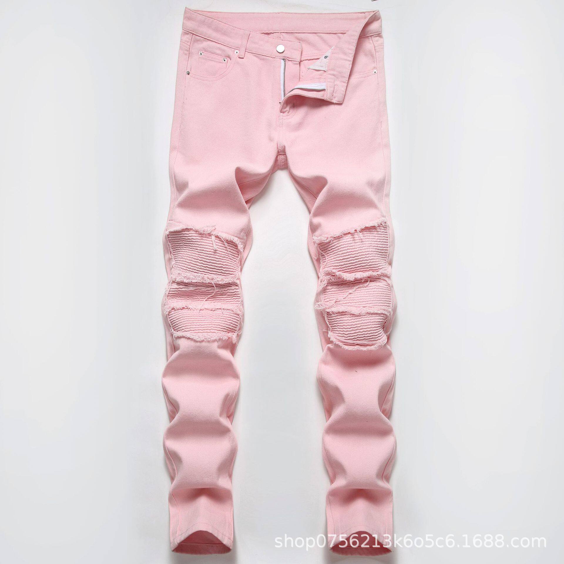 破洞粉色贴布牛仔裤春夏新款欧美休闲高街直筒男士长裤子现货现货