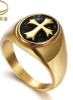 钛钢复古潮流克罗十字架图案简约不锈钢男女戒指指环金色古法工艺