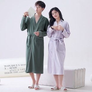 女士浴袍家居服秋季 纯棉睡袍情侣款 系带简约休闲舒适男士 开衫 长袖