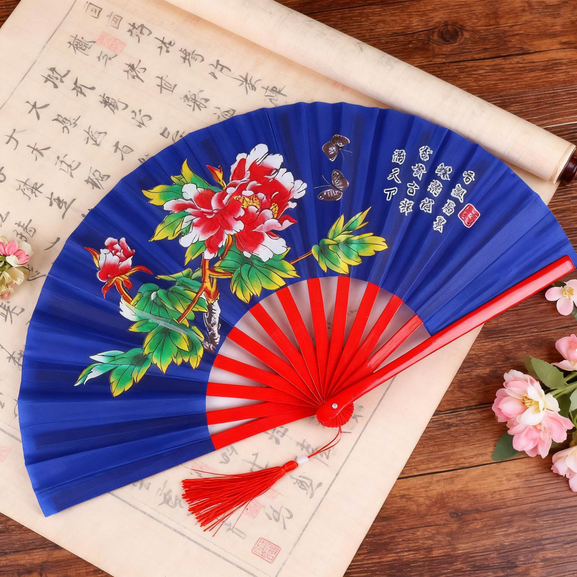 力倍康牌厂家直销特价竹塑料骨太极功夫红黑蓝色牡丹图扇现货