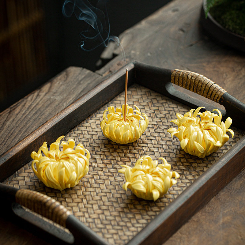 陶瓷香插菊花牡丹手捏陶瓷花茶道香插盘茶宠摆件线香插香座香托