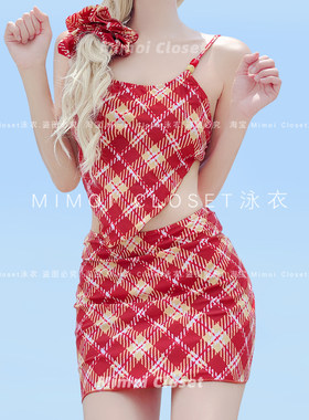 Mimoi复古格纹分体泳衣女三件套