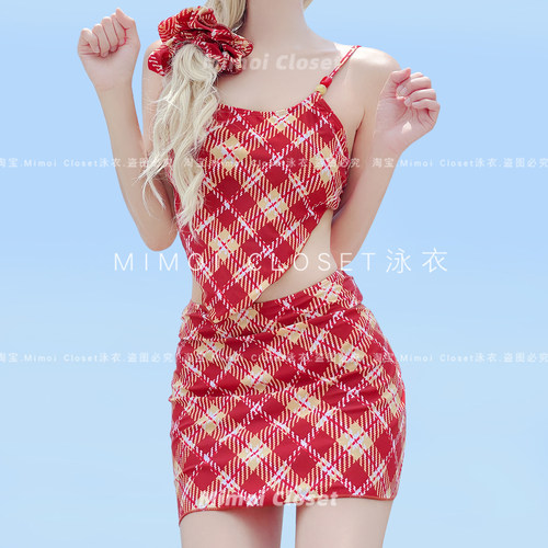 Mimoi复古格纹分体泳衣女三件套