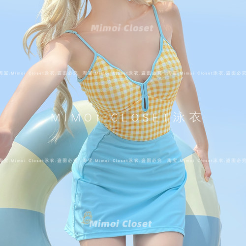 Mimoi多巴胺格子吊带裙式泳衣女