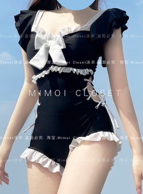 Mimoi Closet新款黑色纯欲风日系可爱Lolita蝴蝶结少女游泳衣女款