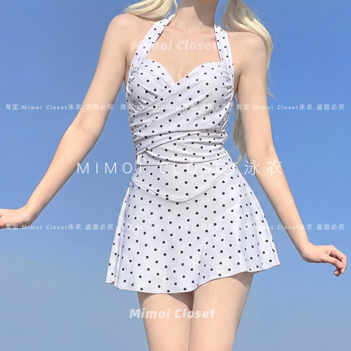 Mimoi白波点连体裙式游泳衣女