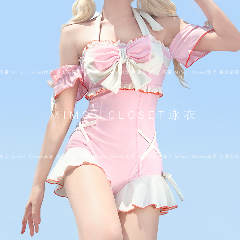 MimoiCloset粉色蝴蝶结游泳衣女