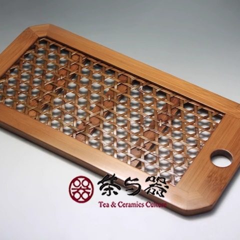 台湾竹艺师 廖壹男 竹茶盘 长方形竹编六角眼茶盘
