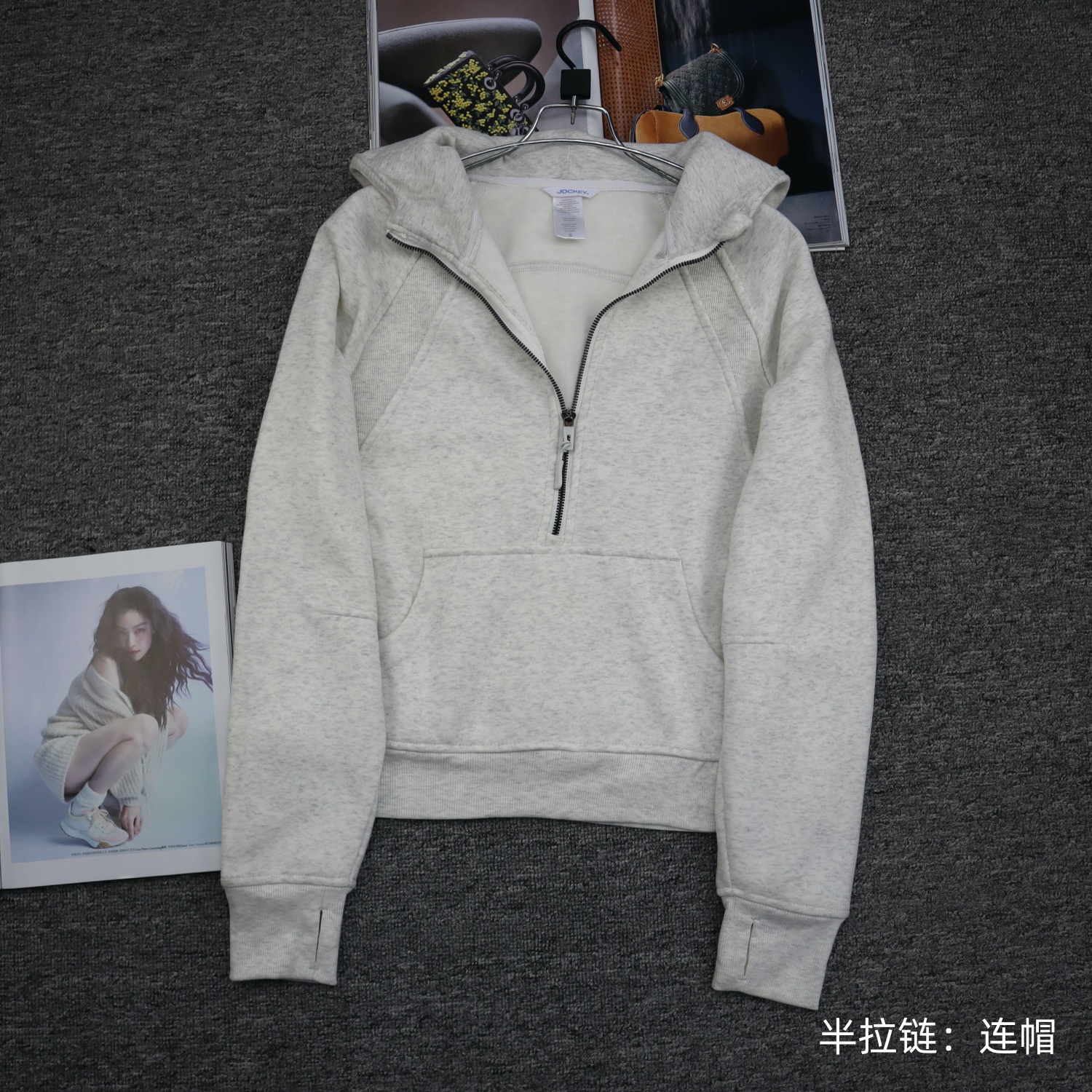 外贸原单 卫衣女式秋冬半拉链抓绒运动休闲宽松连帽立领上衣