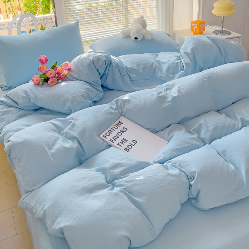 蓝色四件套A类母婴级可裸睡超柔混搭纯色床单床笠被套学生宿舍三4