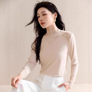 高领蕾丝长袖打底衫春秋冬装新款洋气螺纹棉小衫洋气显瘦内搭