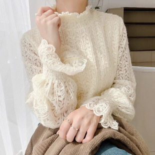 女秋冬季新款洋气内搭磨毛小衫减龄上衣半高领加绒加厚蕾丝打底