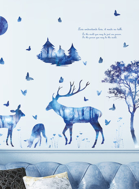 蓝色梦幻森林鹿北欧现代客厅浴室玄关餐厅电视墙装饰墙贴HM92065