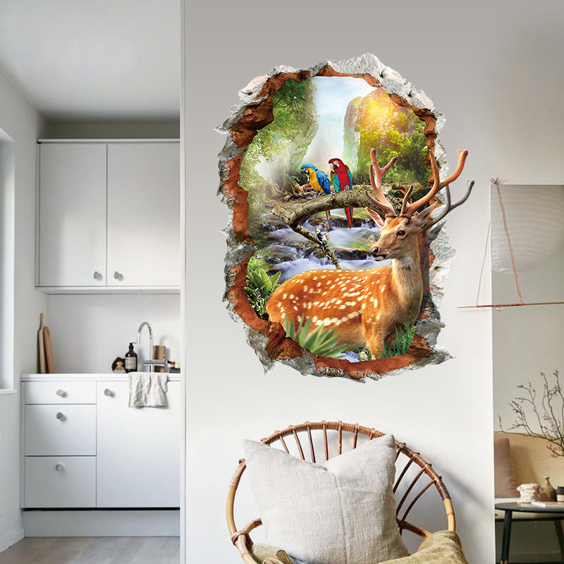 立体3D墙贴破洞风景梅花鹿贴画自粘创意背景墙装饰可移除画XH7253图片