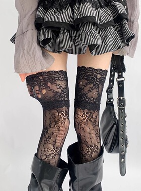 日系性感蕾丝花边长筒袜复古花卉渔网袜配靴子白色黑色过膝袜女