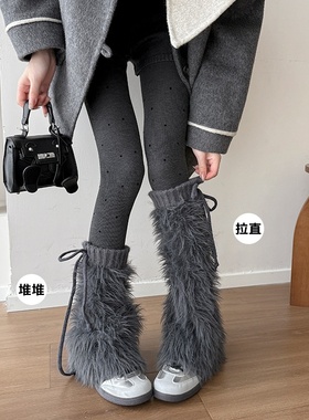 秋冬绑带毛毛保暖白色腿套y2k亚比文化可爱加厚毛绒柔软堆堆袜套