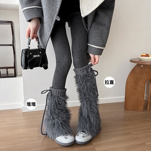 秋冬绑带毛毛保暖白色腿套y2k亚比文化可爱加厚毛绒柔软堆堆袜套