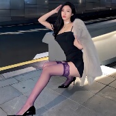 紫色丝袜女薄款 防勾丝黑丝吊带一体丝袜情调蕾丝性感长筒过膝袜子