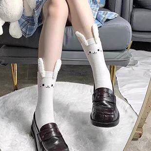新款 可爱猫咪熊猫袜子白色百搭小腿堆堆袜日系洛丽塔JK甜美中筒袜