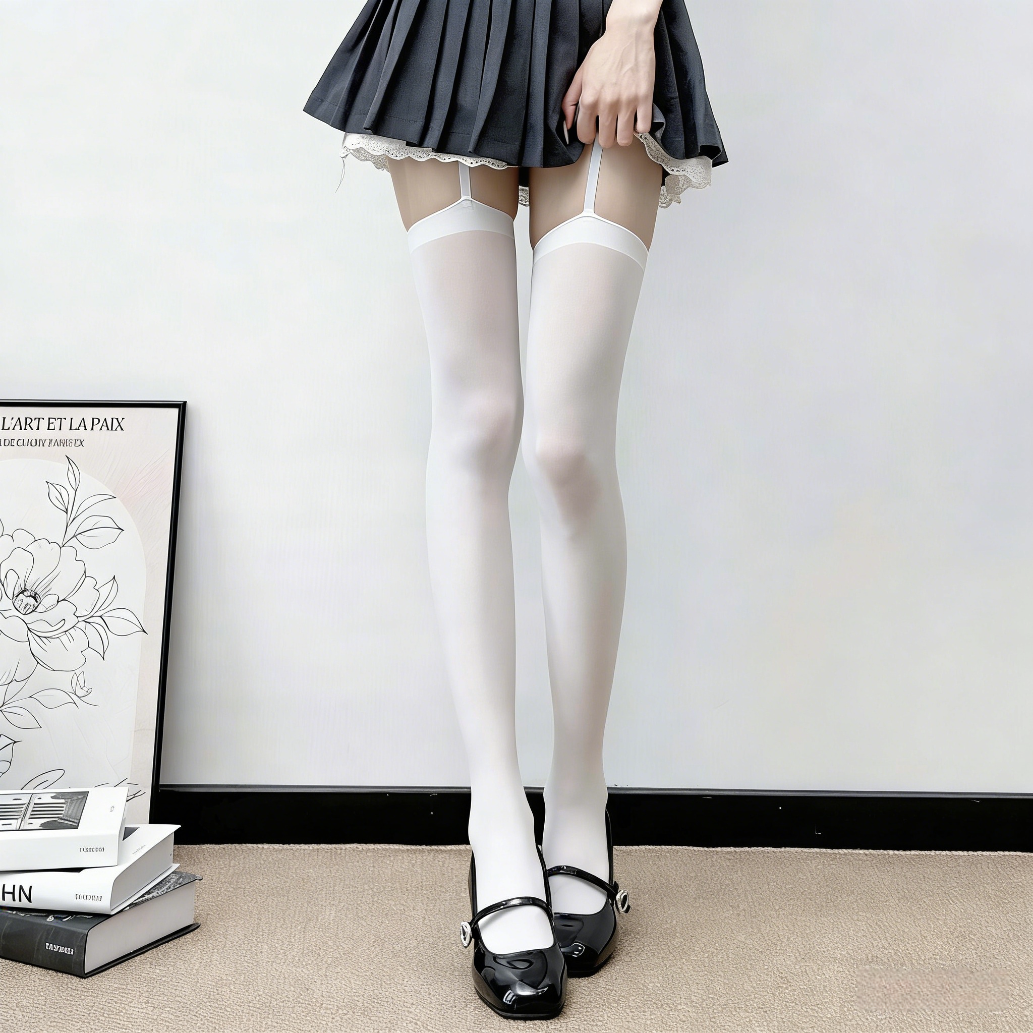 Velvet Sexy White Over-The-Knee Socks for Women, Summer Lace-Trimmed Garter Stockings, Hip-Lifting and Slimming Black Stockings