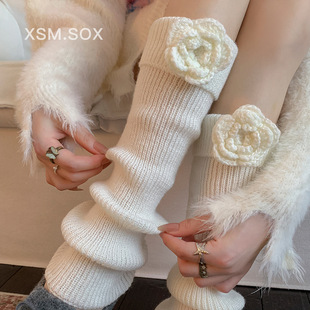 手工花袜套女秋冬季 加厚保暖堆堆袜重工翻边小腿袜复古唯美腿套女