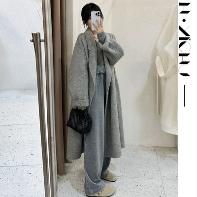 浅灰色高端双面全羊毛大衣宽松版