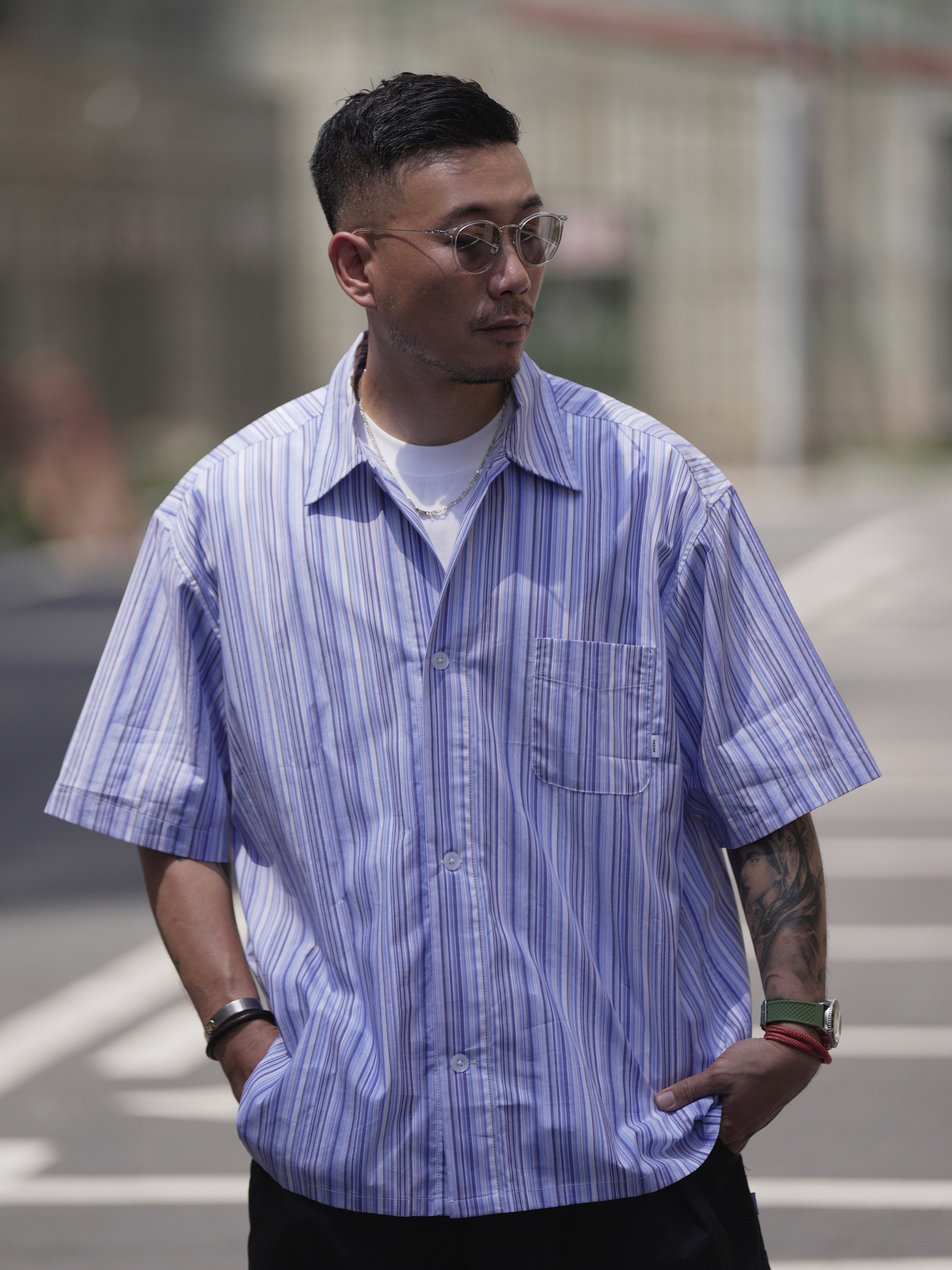 PAXOM日系cityboy条纹短袖衬衫
