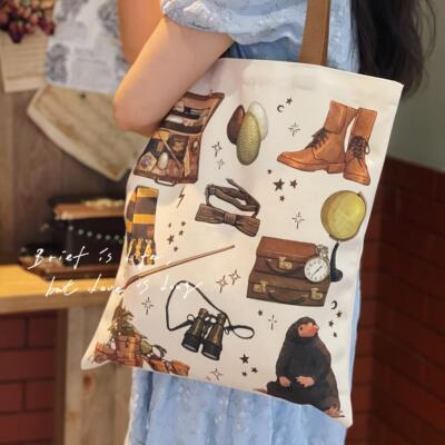 魔法插画帆布包复古手绘插画帆布包大容量单肩手提购物袋