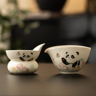 家用泡茶过滤创意茶具配件滤茶器茶 米黄釉熊猫戏蝶茶漏茶滤中式