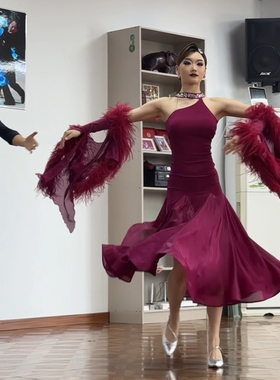 懒猫onue高端定制【MM860】摩登舞赛服 绛紫色国标舞演出比赛裙子