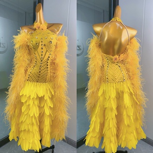 onue高端定制专业摩登舞比赛服裙子亮黄色毛毛贴钻舞台演出连衣裙