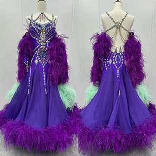 懒猫onue 高端定制摩登舞服国标舞交际舞连衣裙鸵鸟毛贴钻比赛服