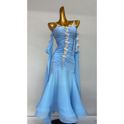懒猫onue定制舞服【MM571】摩登舞连衣裙浅蓝色法式探戈国标舞裙