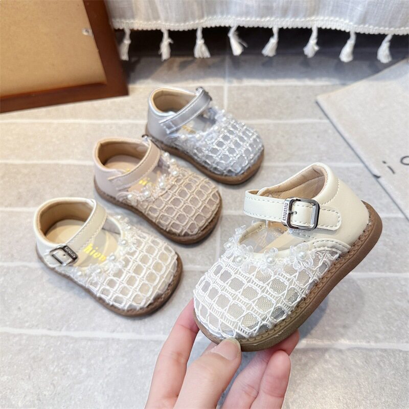 女宝宝网面透气学步鞋0-1-3岁婴幼儿珍珠春秋新款软底魔术贴单鞋