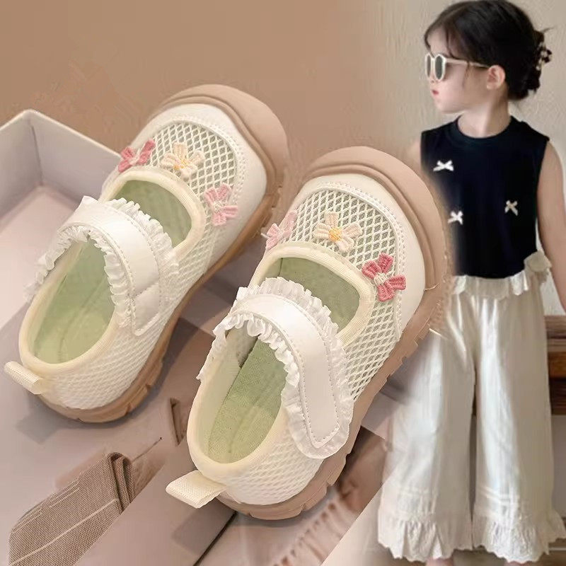 女童运动鞋2026新款夏季小女孩甜美刺绣蝴蝶结凉鞋儿童软底宝宝鞋