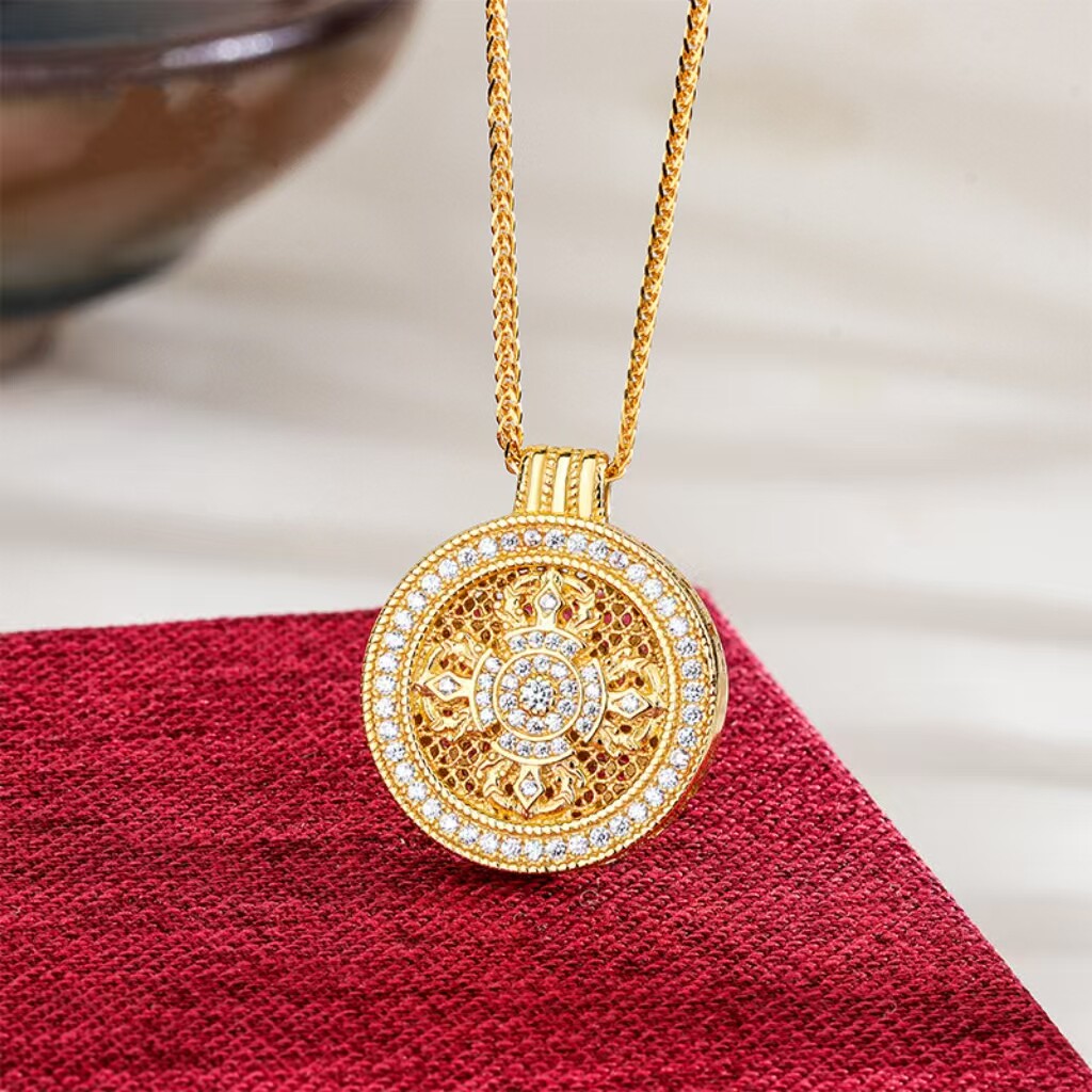 s925纯银镶钻圆牌多吉金刚杵项链女金色潮牌新中式高级感肖邦项链